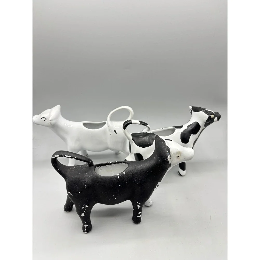 Ceramic Cow Creamer Set of 3 Black White Spotted Farmhouse Kitchen Decor